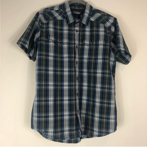 Prana blue and white plaid button down short sleeve shirt - Picture 1 of 5